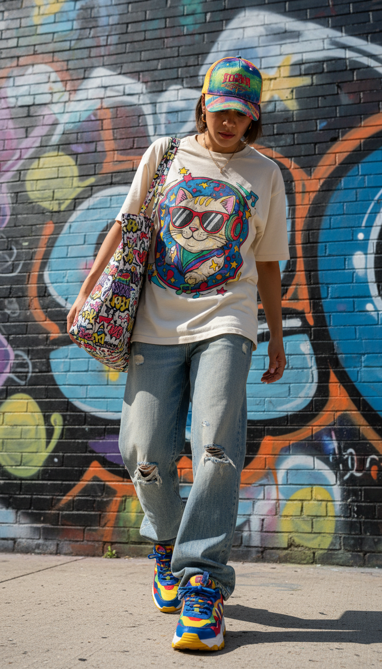 Vibrant street style outfit with distressed light-wash baggy jeans and oversized graphic t-shirt against urban backdrop