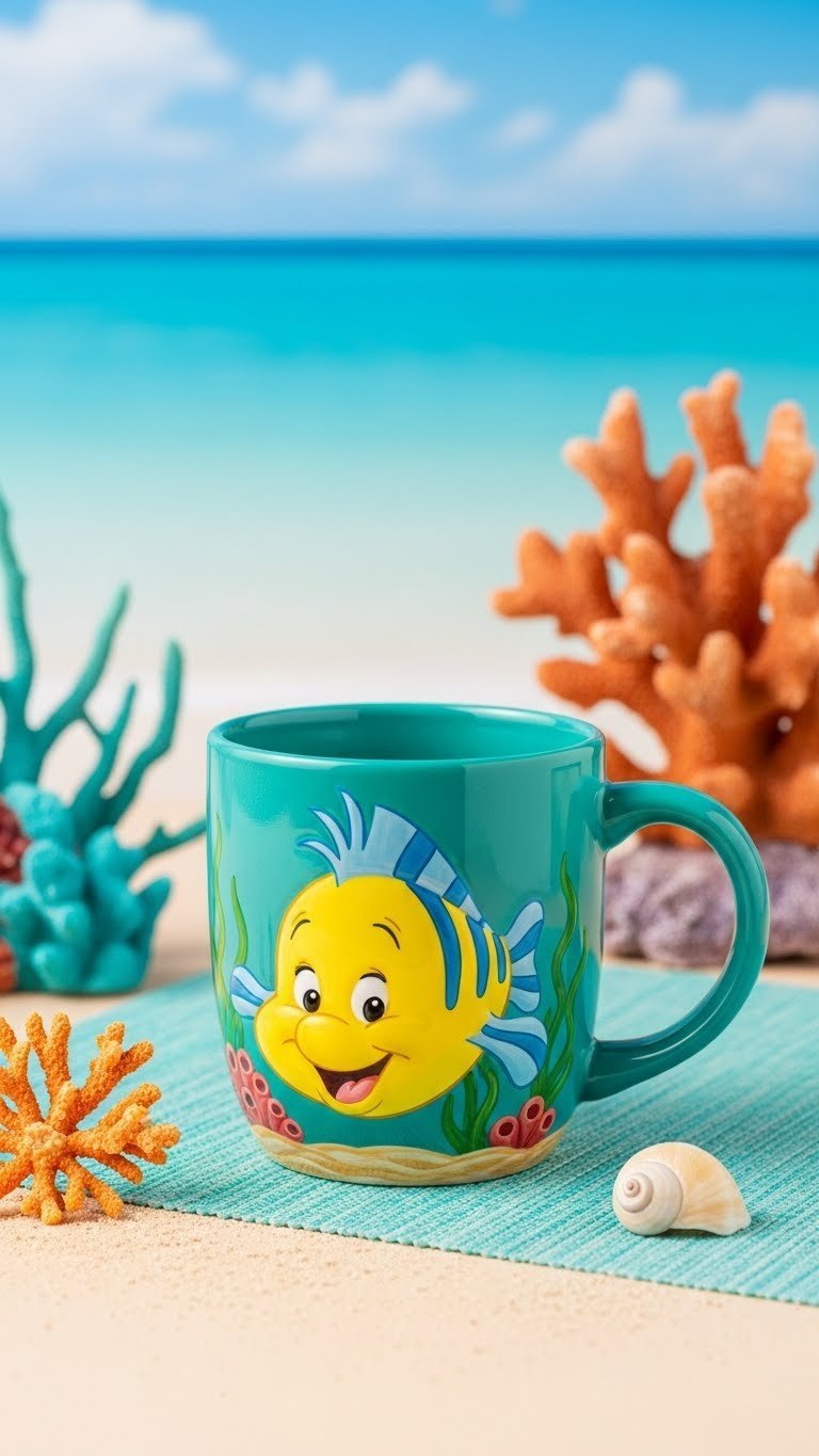 Vibrant teal ceramic mug showcasing playful Flounder from Little Mermaid painted against beach-themed background