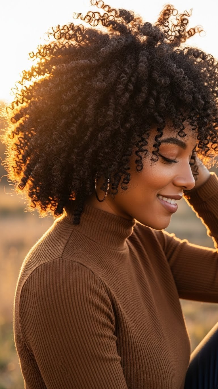 Vibrant wash and go style showcasing natural 4C hair curl pattern with golden hour lighting outdoors