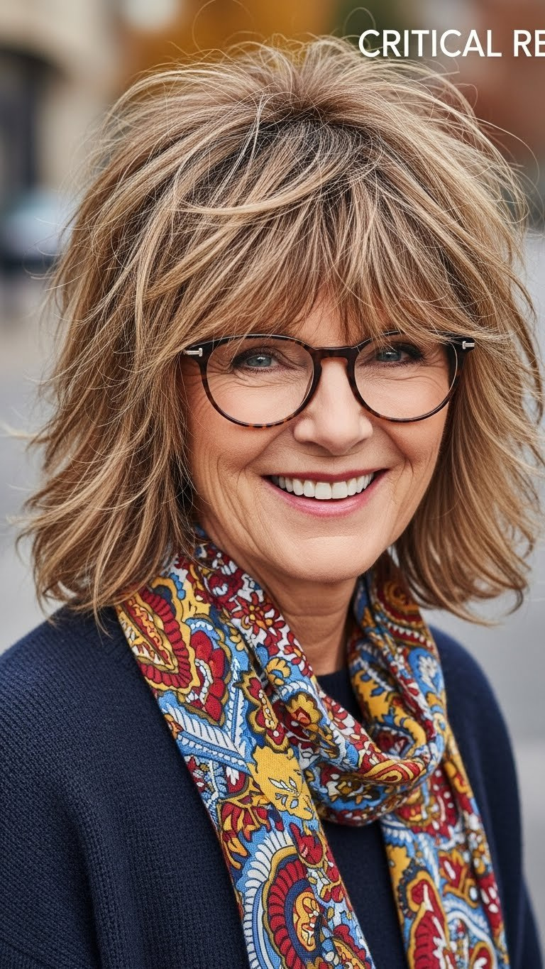 Vibrant woman over 60 with messy shaggy layered haircut creating volume and movement in warm golden hour outdoor setting