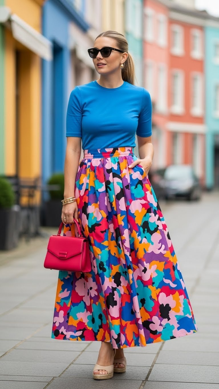 Vibrant woman wearing bold printed long skirt with solid top at colorful city market setting