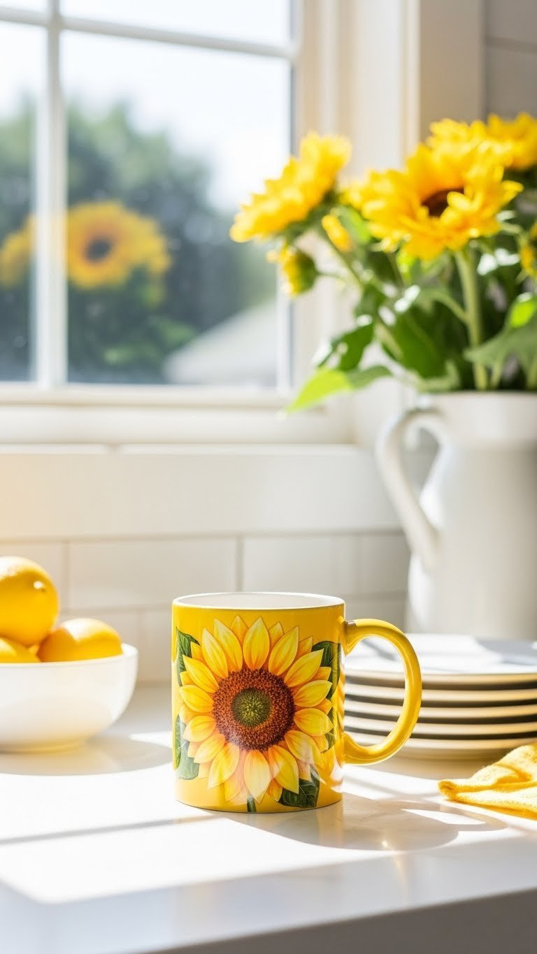 Vibrant yellow sunflower coffee mug on white counter with lemons, illuminated by sunlight through a blurred window.