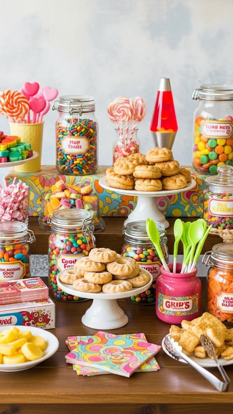 Vintage 70s candy and treats bar with retro snacks in colorful glass jars and psychedelic patterned napkins