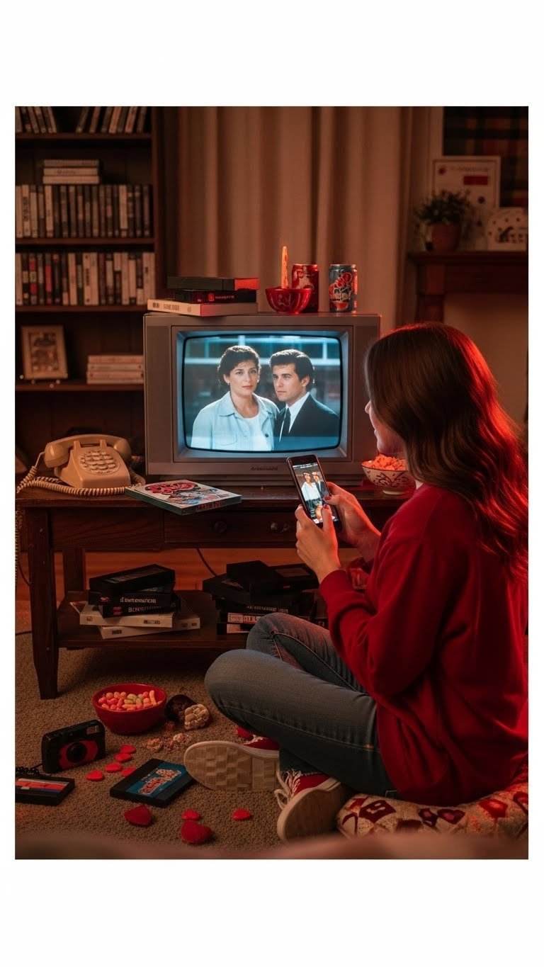 Vintage 90s rom-com movie marathon setup with VHS tapes, snacks, and cozy blankets on soft-lit living room