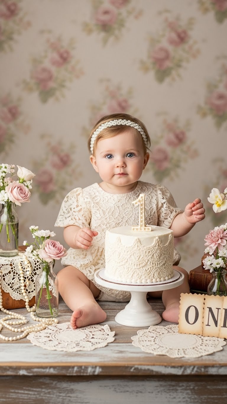 Vintage Lace & Love nostalgic first birthday scene with baby girl in lace outfit amidst antique doilies and simple cake