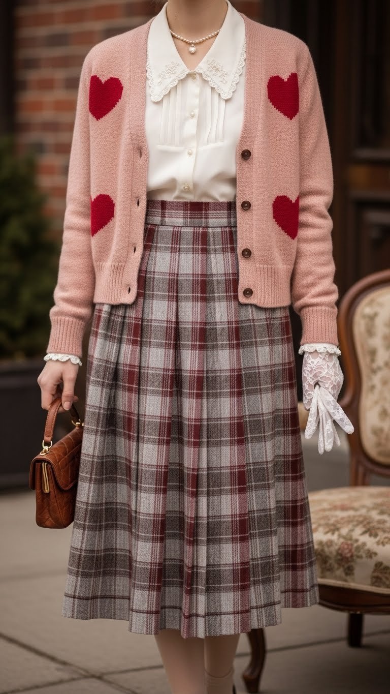 Vintage Valentine's outfit with blush pink cardigan, plaid skirt, and pearl necklace against rustic backdrop