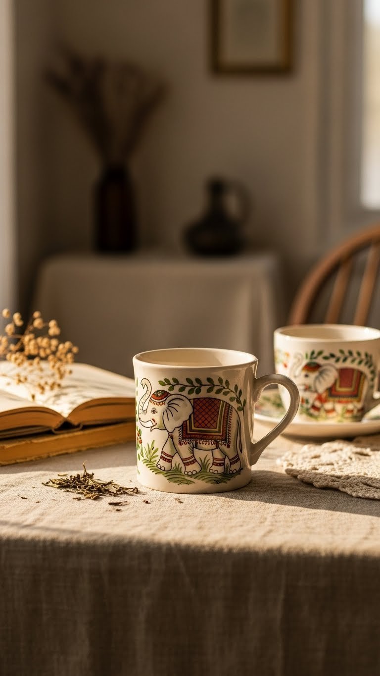 Vintage cream ceramic elephant mug with hand-painted design on linen tablecloth with warm golden hour lighting