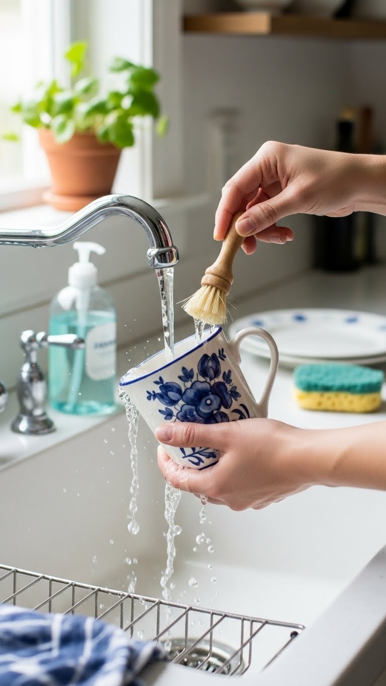 Vintage hand painted mug being gently hand-washed under soft water stream with specialized brush emphasizing precise cleaning technique