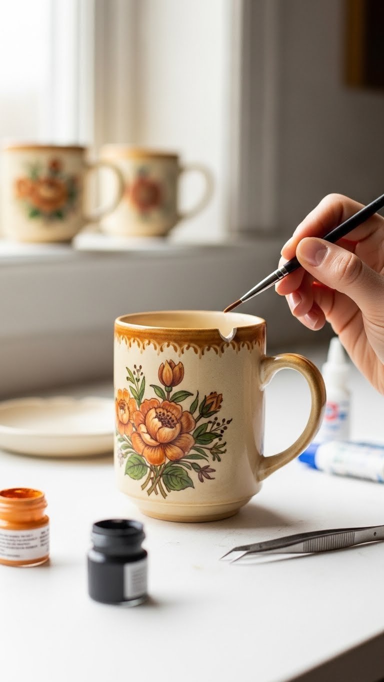 Vintage hand painted mug undergoing delicate restoration with tiny brush applying touch-up to chipped area