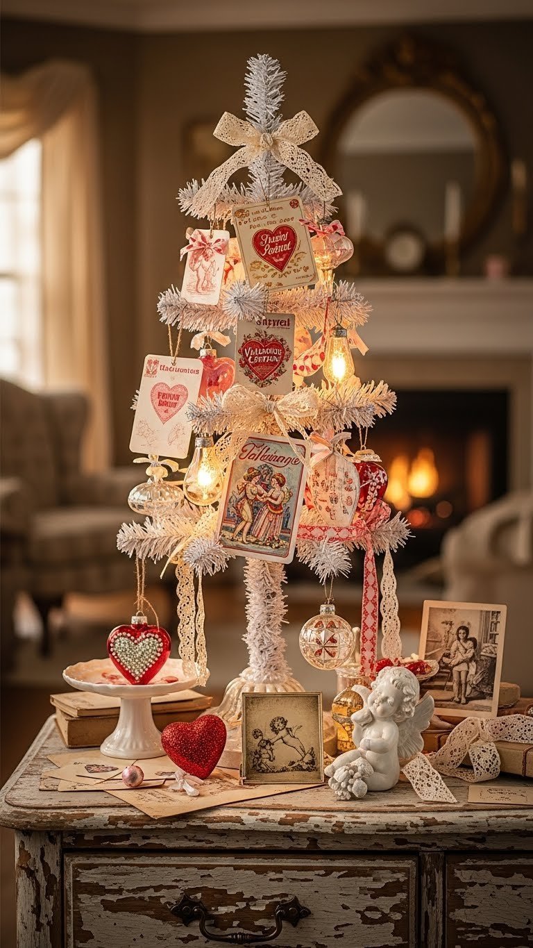 Vintage-inspired Valentine's tree with retro cards and antique lace ribbons on distressed wooden dresser