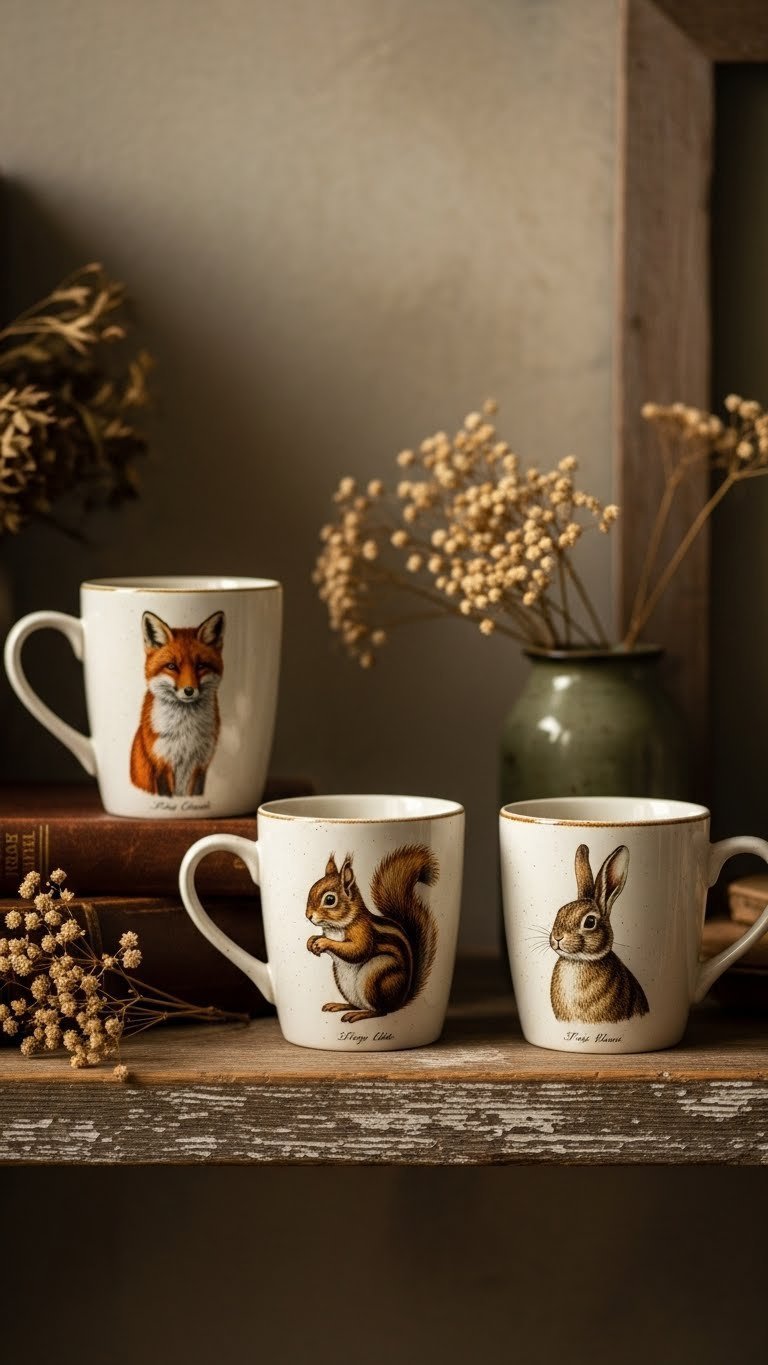 Vintage-inspired animal mugs with fox, squirrel, and rabbit illustrations arranged on distressed wooden shelf