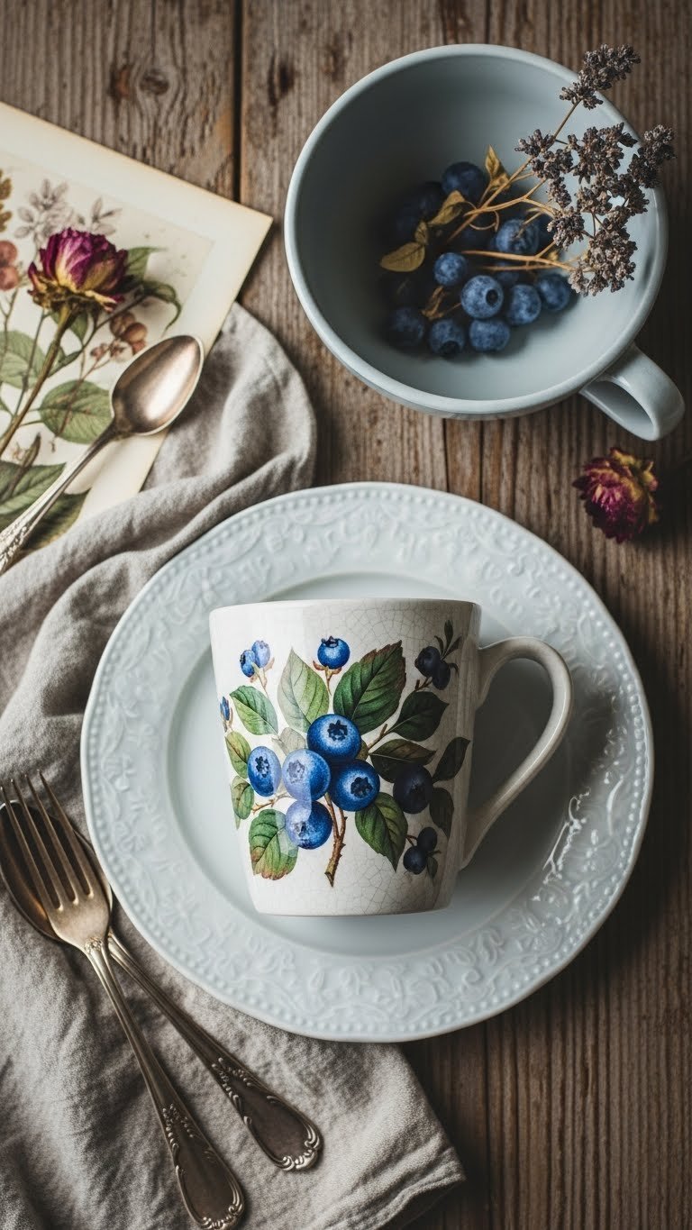 Vintage-inspired blueberry painted mug with nostalgic palette on linen tablecloth with antique silverware