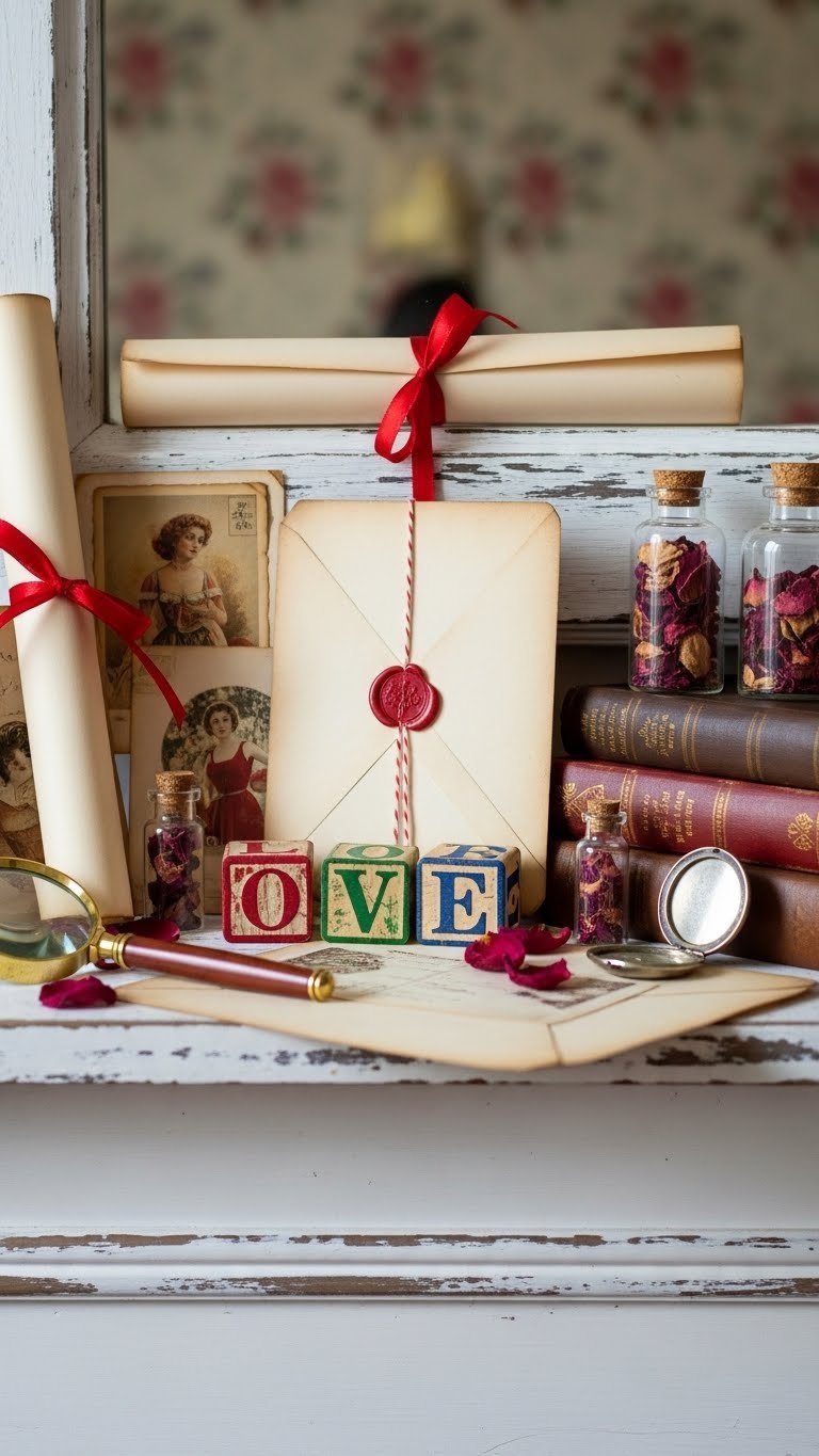 Vintage love letters Valentine mantle with aged parchment scrolls, red ribbons, and antique postcards.