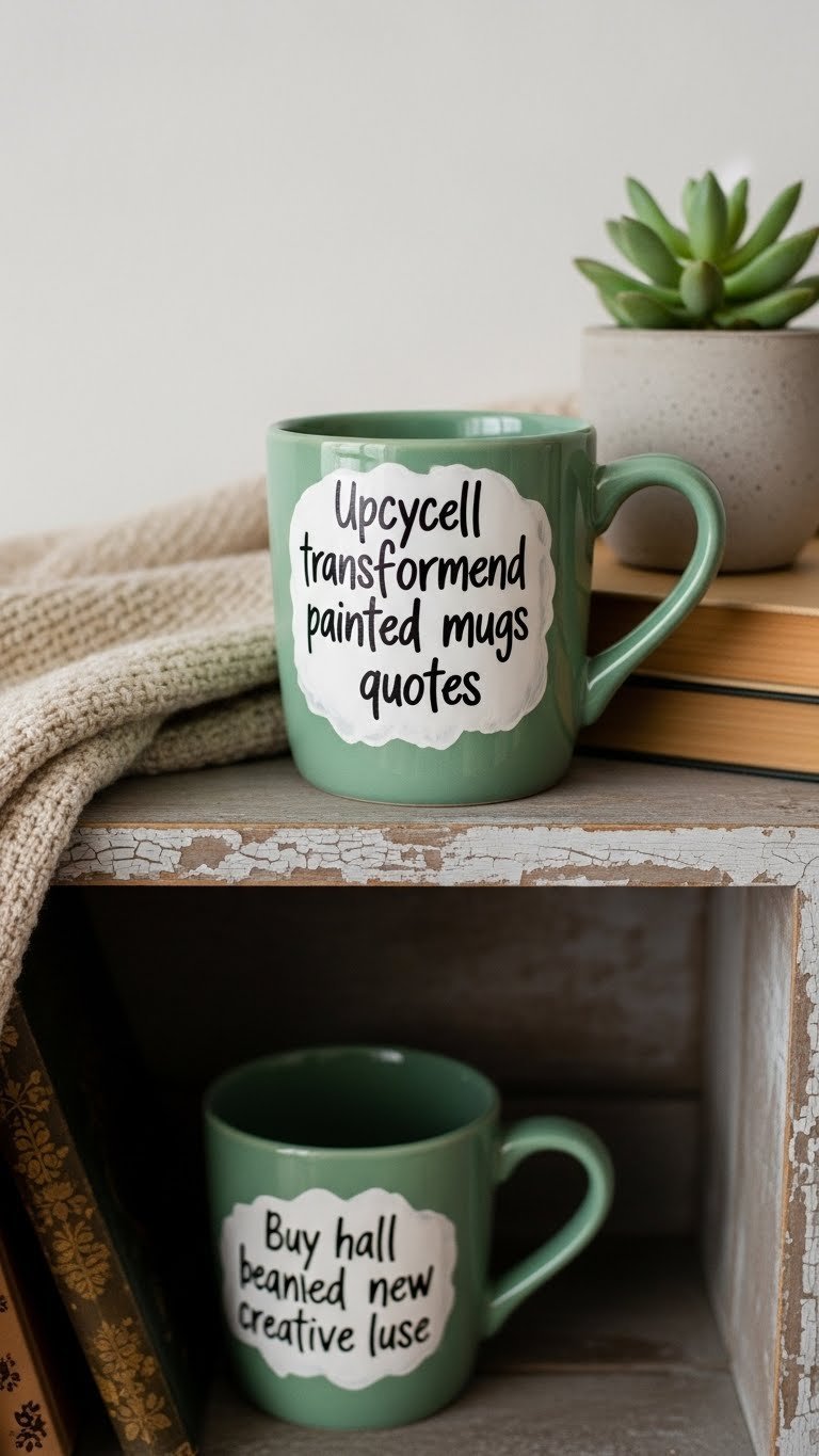 Vintage upcycled ceramic mug with modern paint and custom quote on distressed wooden shelf with succulent and books