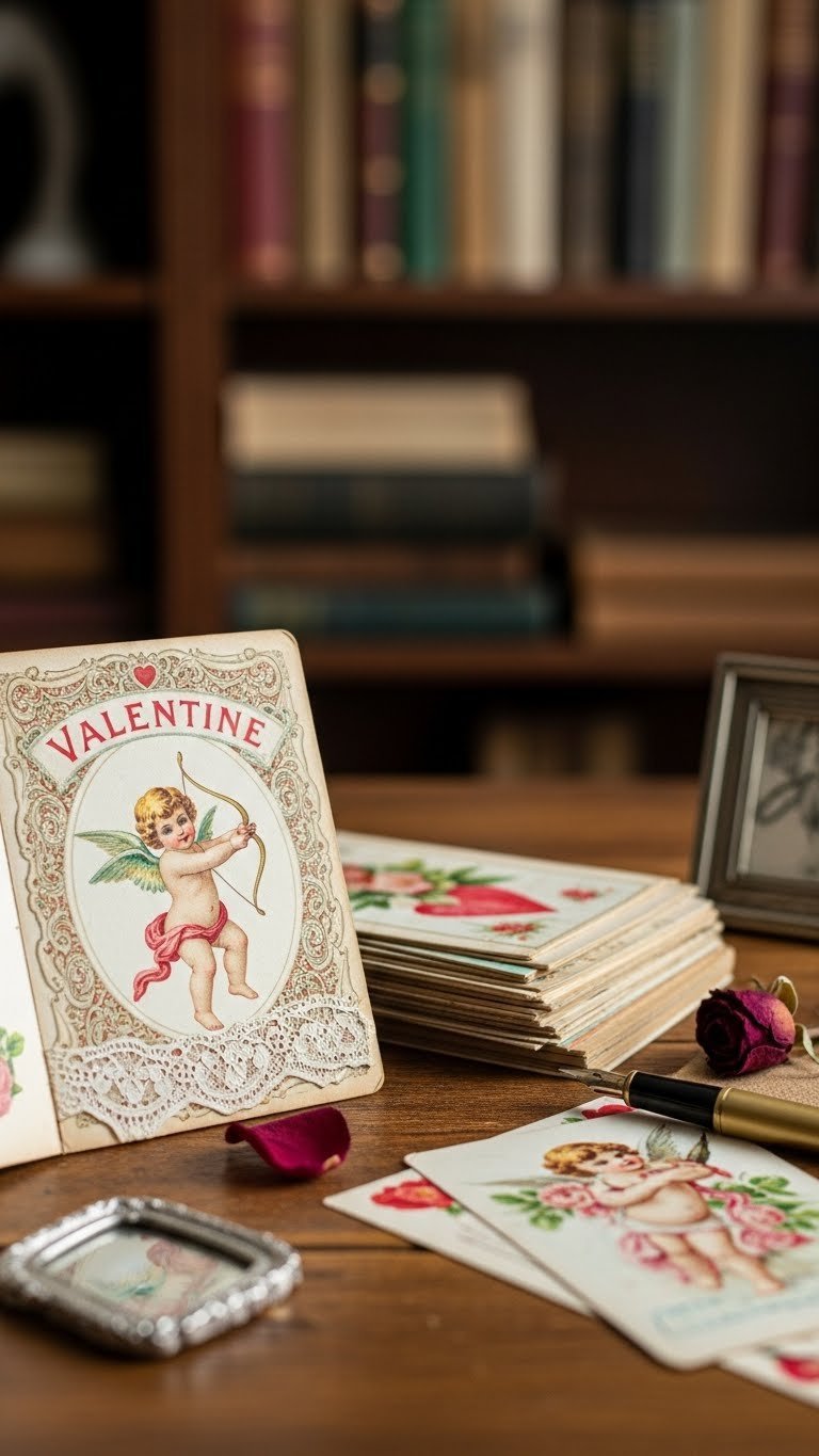 Vintage valentine cards with intricate cupid illustration and lace trim displayed on rustic wooden table with soft bokeh background