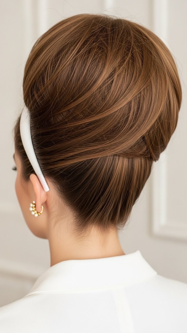 Voluminous 1960s beehive updo with perfectly sculpted high-volume crown and smooth glossy sides.