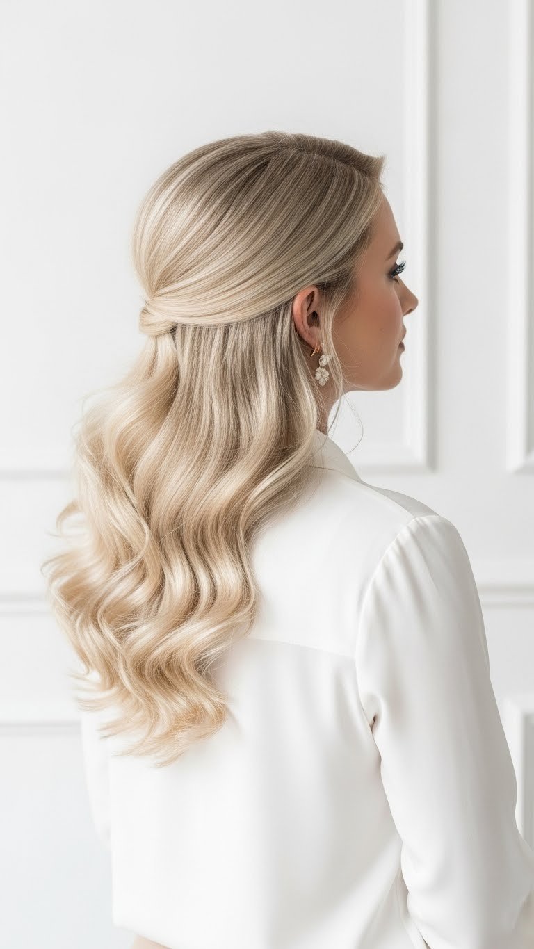 Voluminous 90s blowout hairstyle with bouncy blonde hair and curled-under ends in minimalist white studio