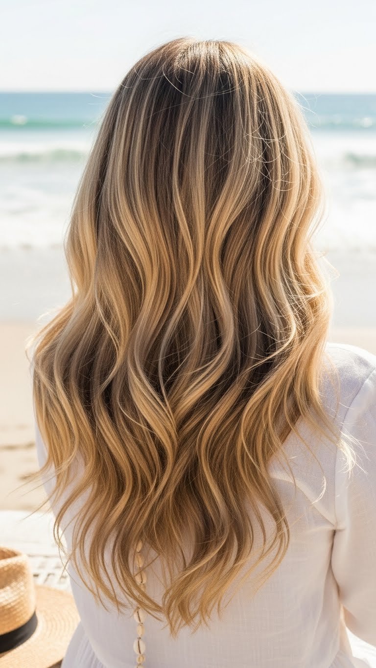 Voluminous beach waves hairstyle on flowing blonde hair with natural movement and soft bokeh coastal background