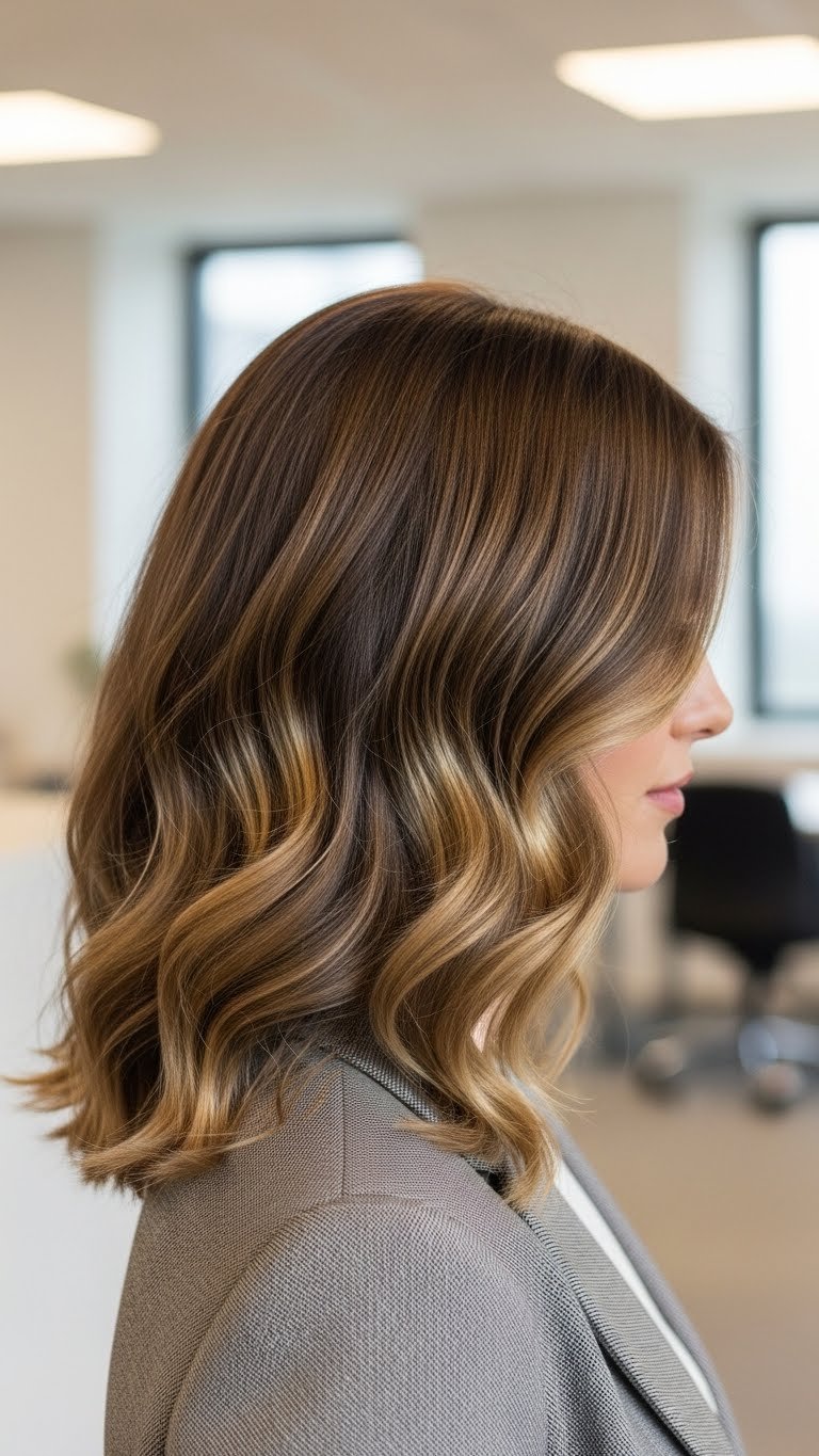 Voluminous blowout hairstyle on medium length hair with bouncy waves and healthy shine in office setting