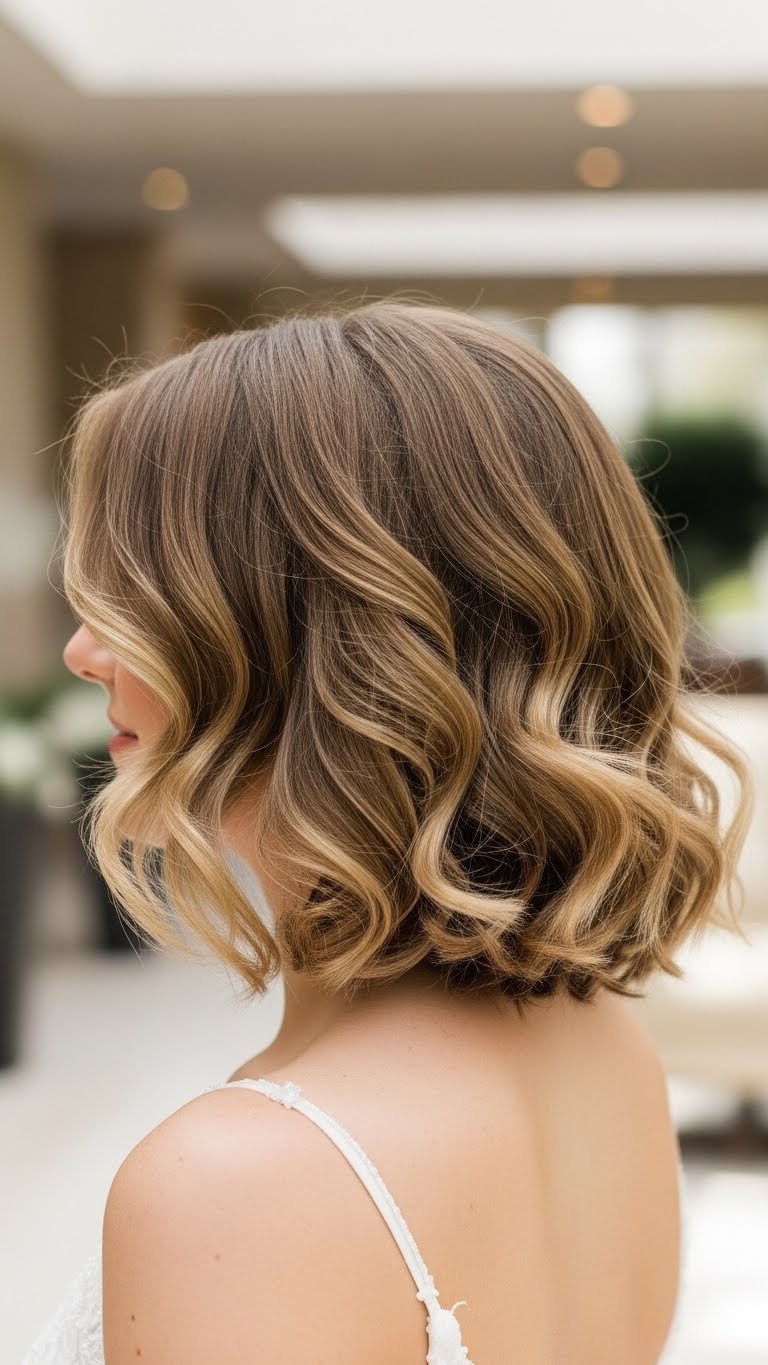 Voluminous blowout hairstyle with soft curls and movement in chic modern hotel lobby setting