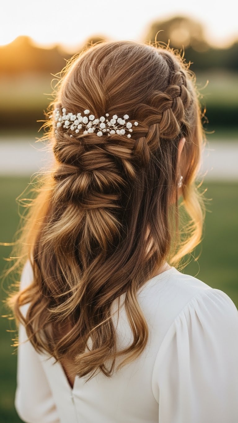 Voluminous braided half-updo with romantic loose braids and soft waves cascading over shoulders in golden hour light.