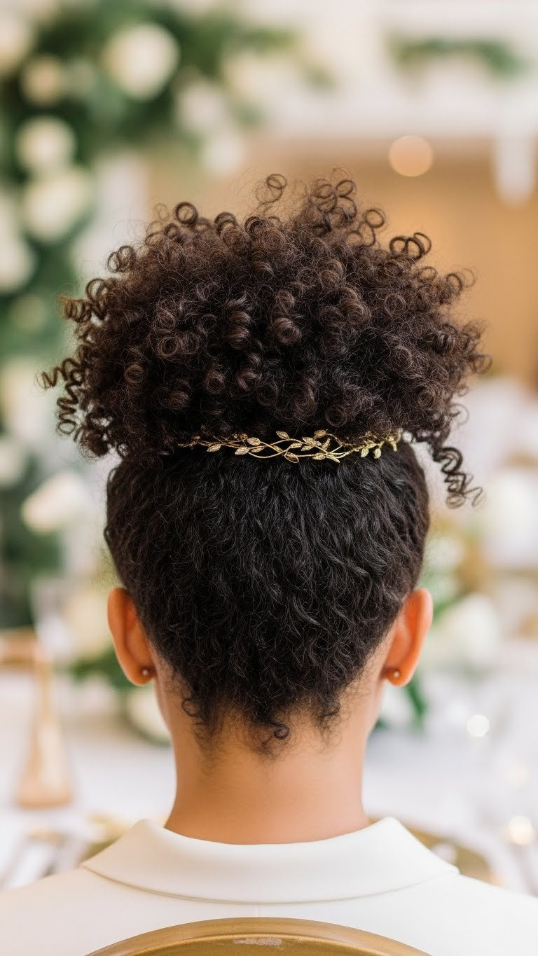 Voluminous curly crown hairstyle with bouncy defined curls against lush greenery background