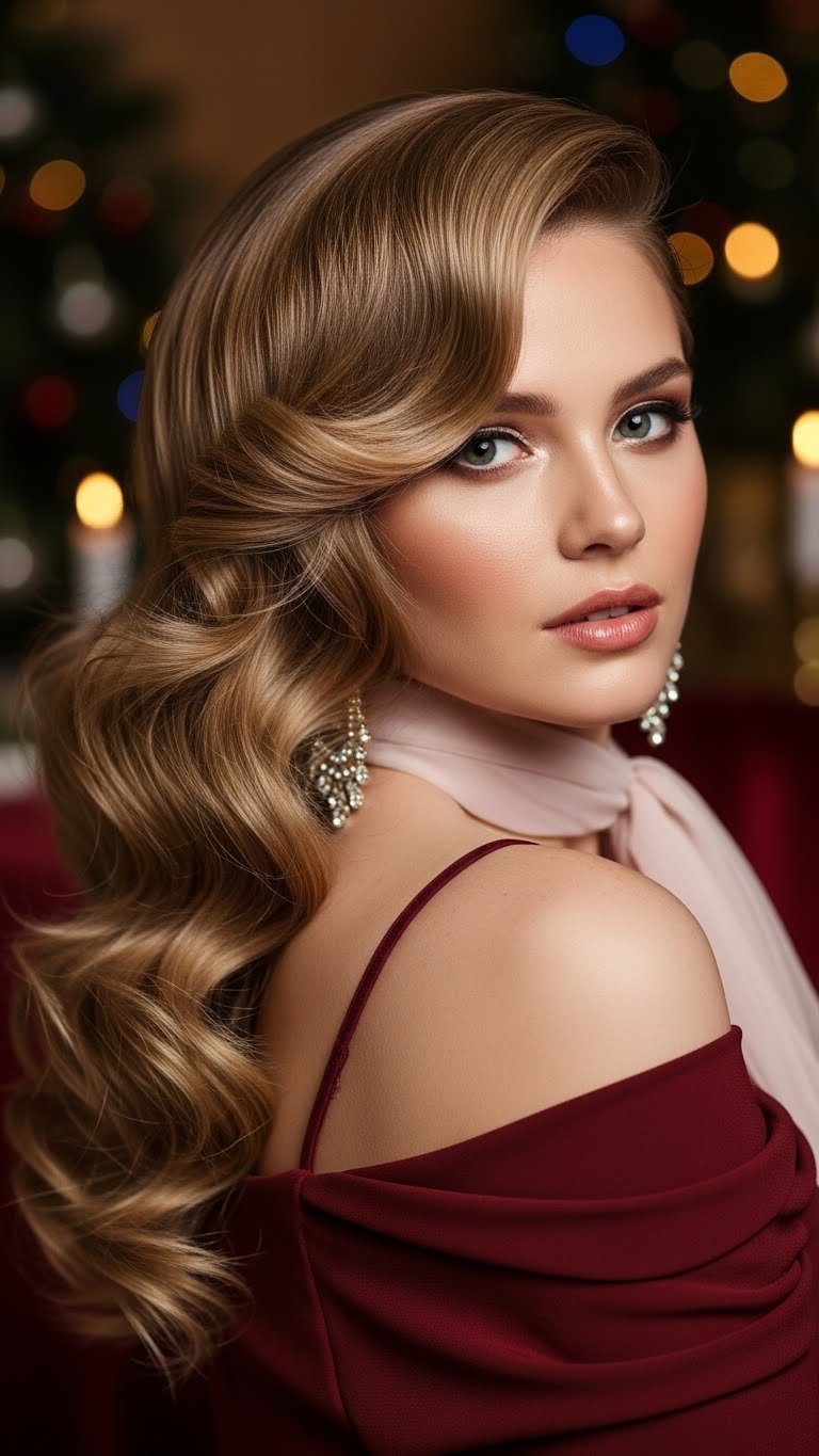 Voluminous glamorous waves cascading over shoulder with dramatic deep side part and high-shine finish