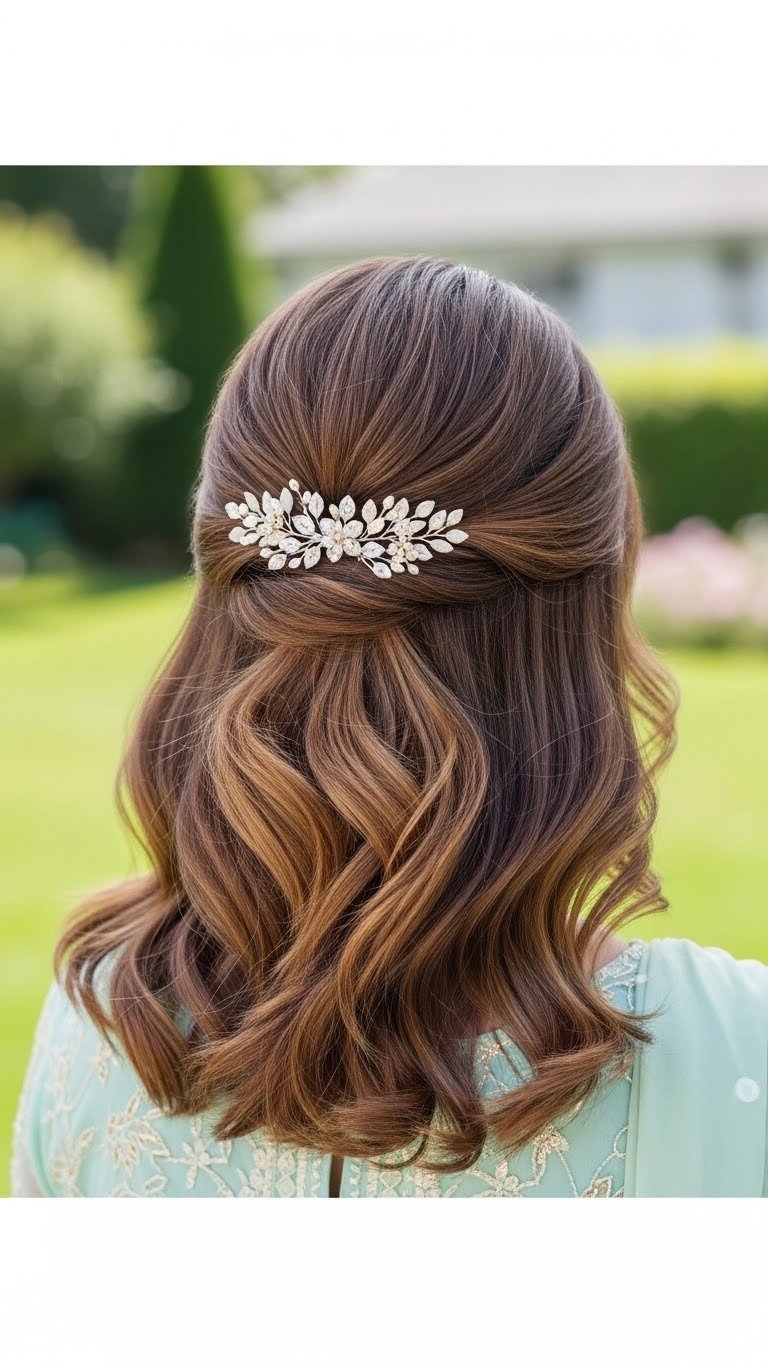 Voluminous half-up half-down hairstyle with soft waves cascading over shoulders in garden setting