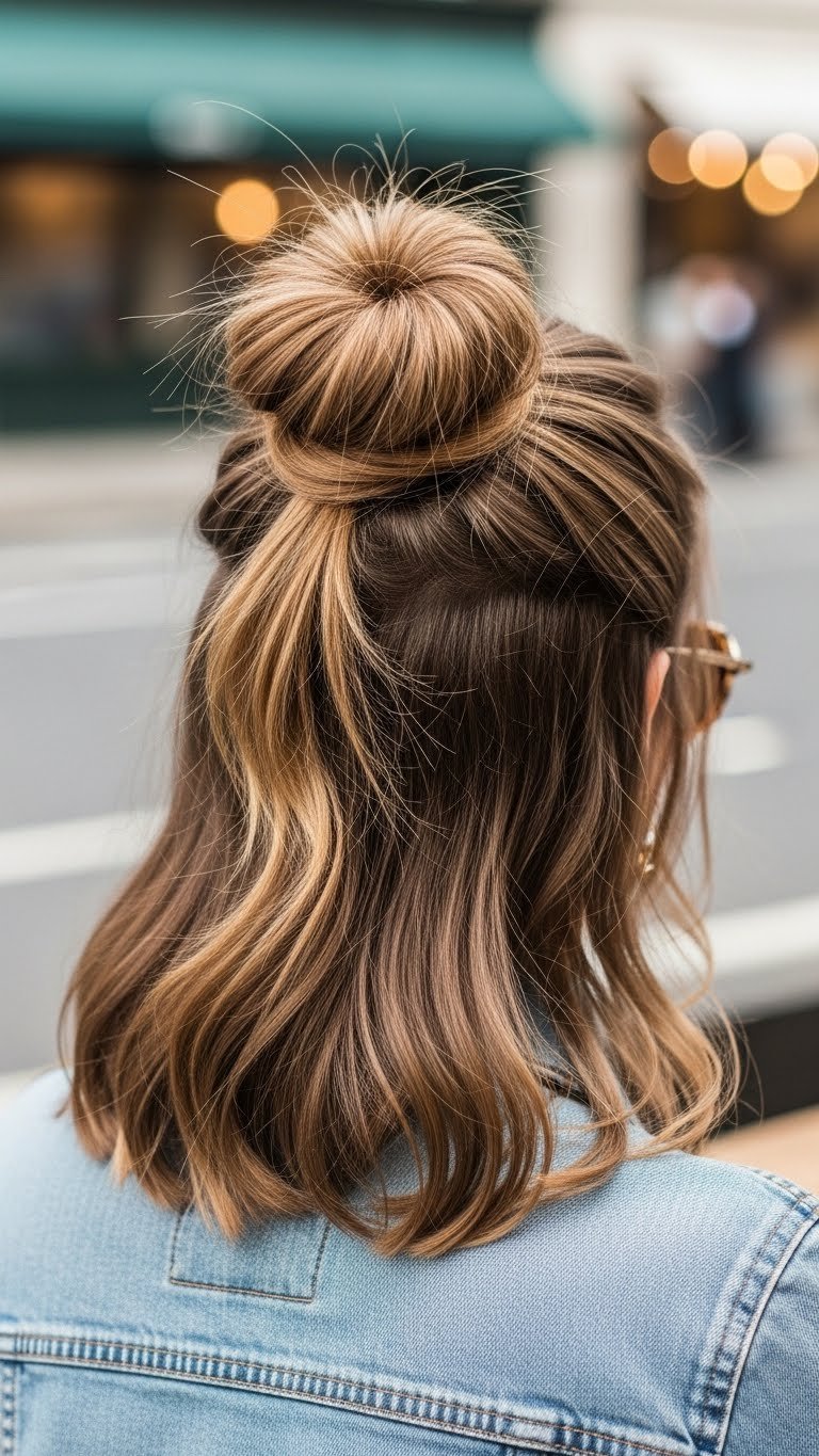 Voluminous half-up top knot hairstyle with structured messy bun and cascading medium length hair in urban setting