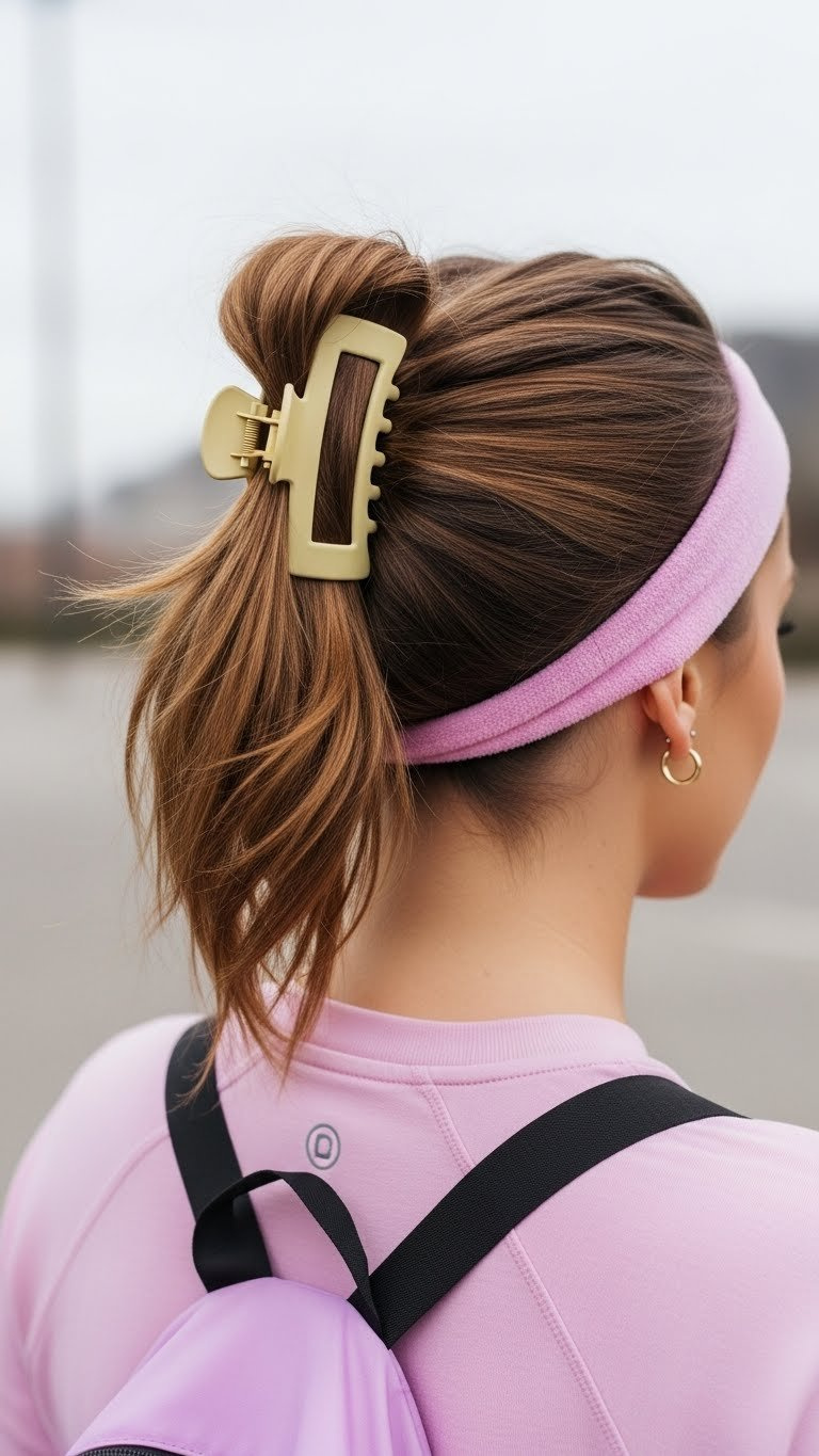 Voluminous high ponytail held by jumbo claw clip showcasing dynamic bounce against outdoor athletic setting.