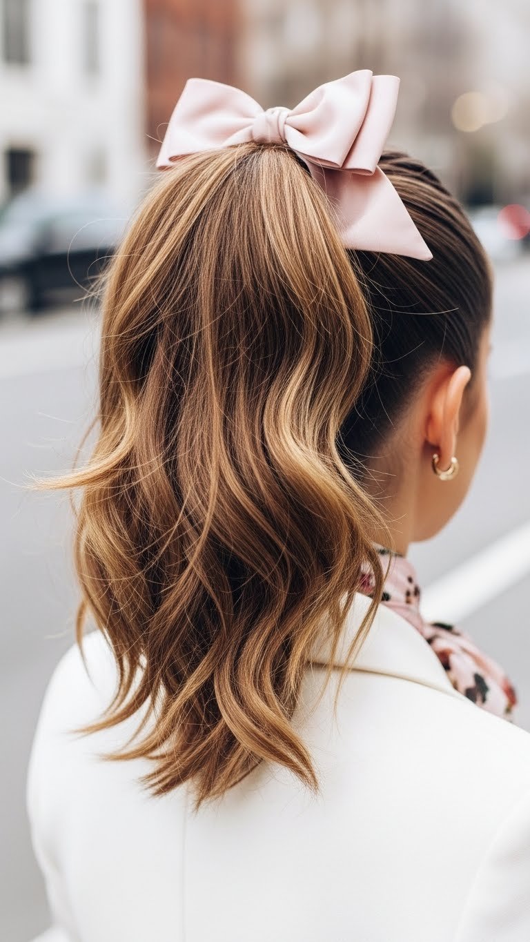 Voluminous high ponytail with chic statement silk bow positioned at crown against clean neutral backdrop