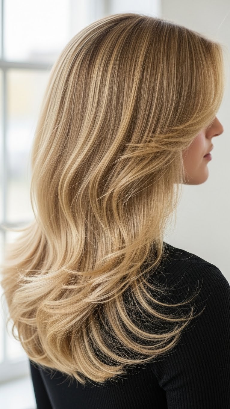 Voluminous layered straight hair with expert layering creating body and movement against a light neutral backdrop