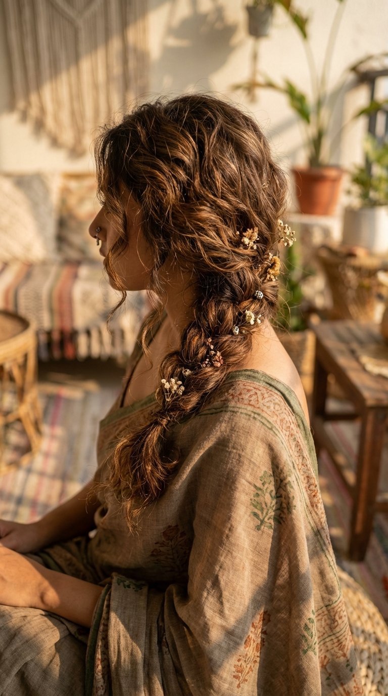 Voluminous messy braid hairstyle with wildflowers for boho-chic saree style and natural outdoor setting