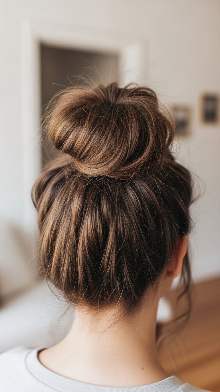 Voluminous messy bun hairstyle with soft flyaways and natural texture captured in close-up portrait against blurred minimalist background