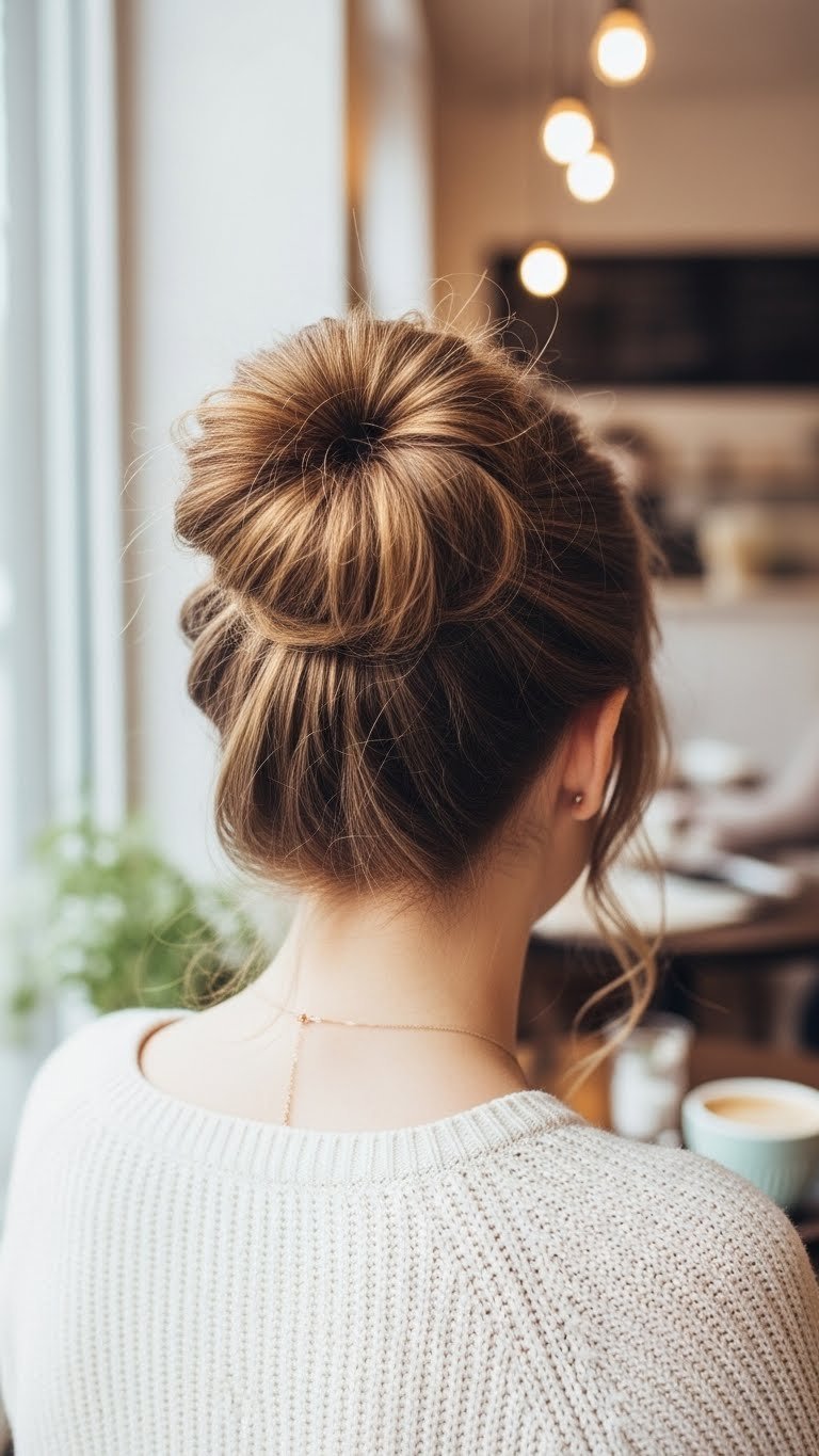 Voluminous messy bun updo hairstyle with textured flyaways against soft bokeh background in natural window light.