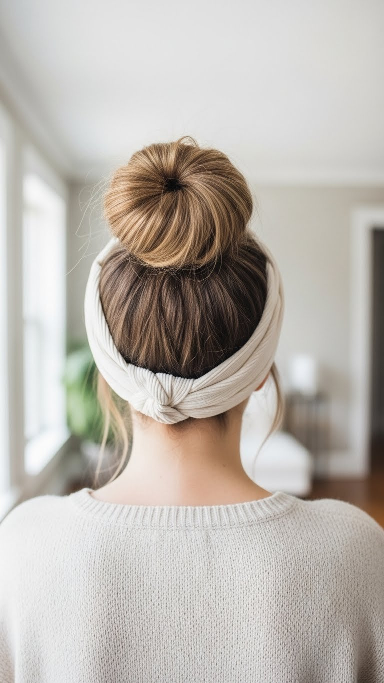 Voluminous messy bun with stylish knotted headband in clean textured wall setting with bright daylight.