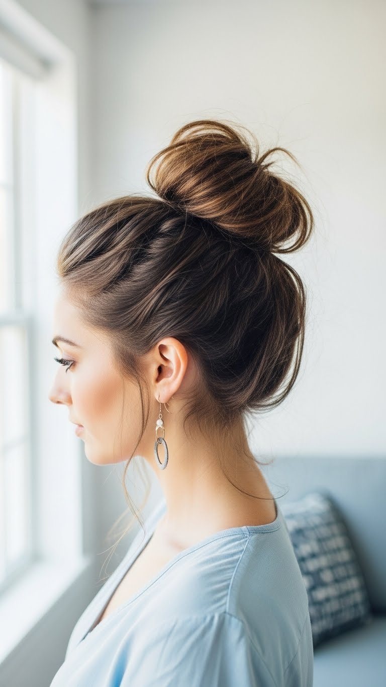 Voluminous messy top knot hairstyle with disheveled texture in minimalist room with bright daylight