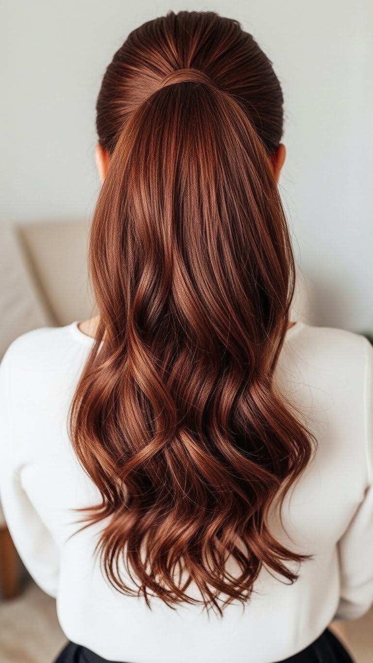 Voluminous ponytail with hair extensions showcasing seamless blend of natural auburn hair in elegant living room