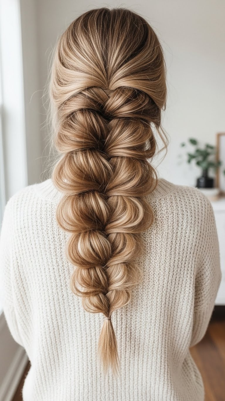 Voluminous pull-through braid hairstyle on dark blonde thick hair featuring distinct loops and textured chic aesthetic.