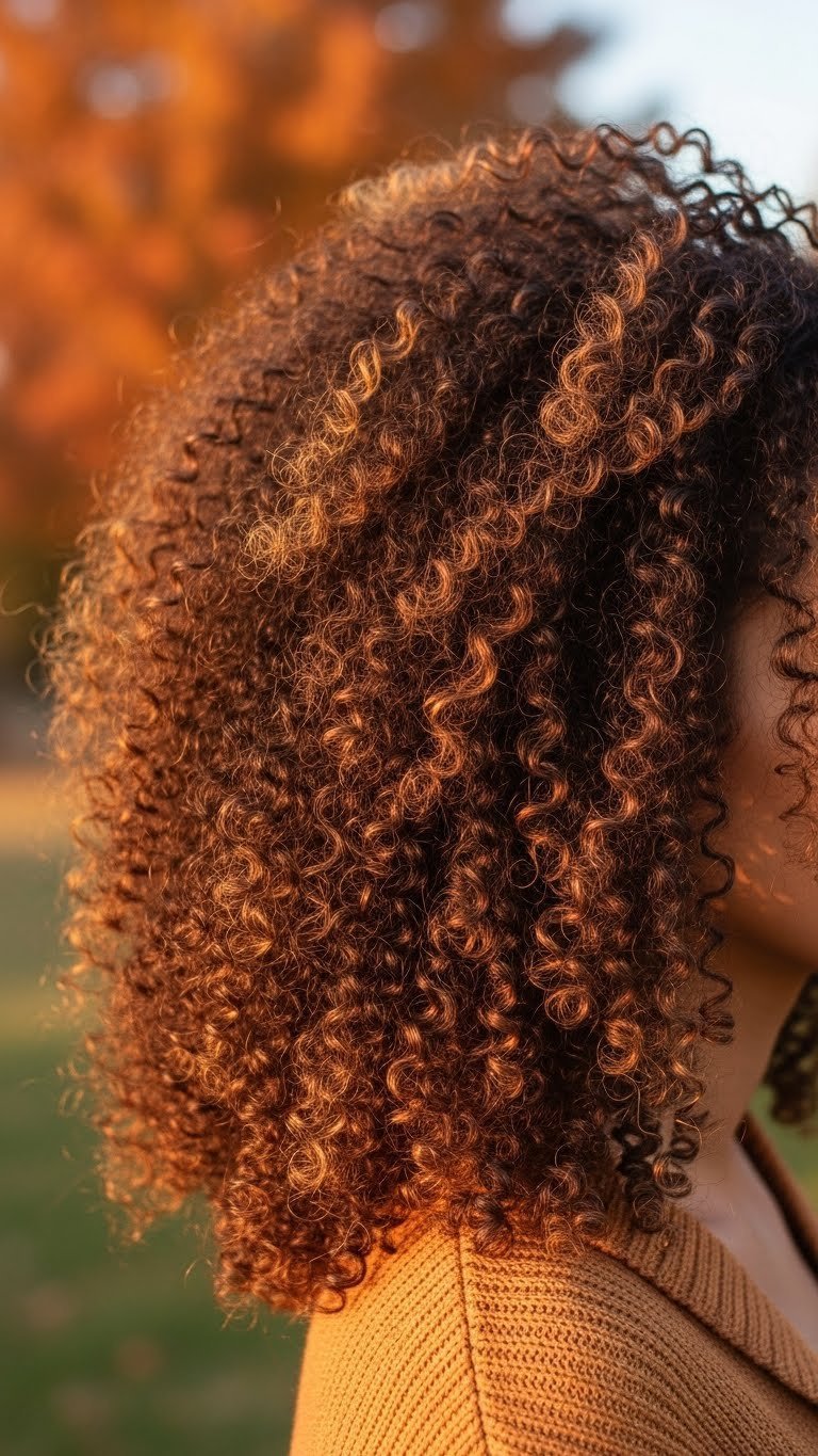 Voluminous textured curly hair with natural bounce and highlights against soft blurred foliage background