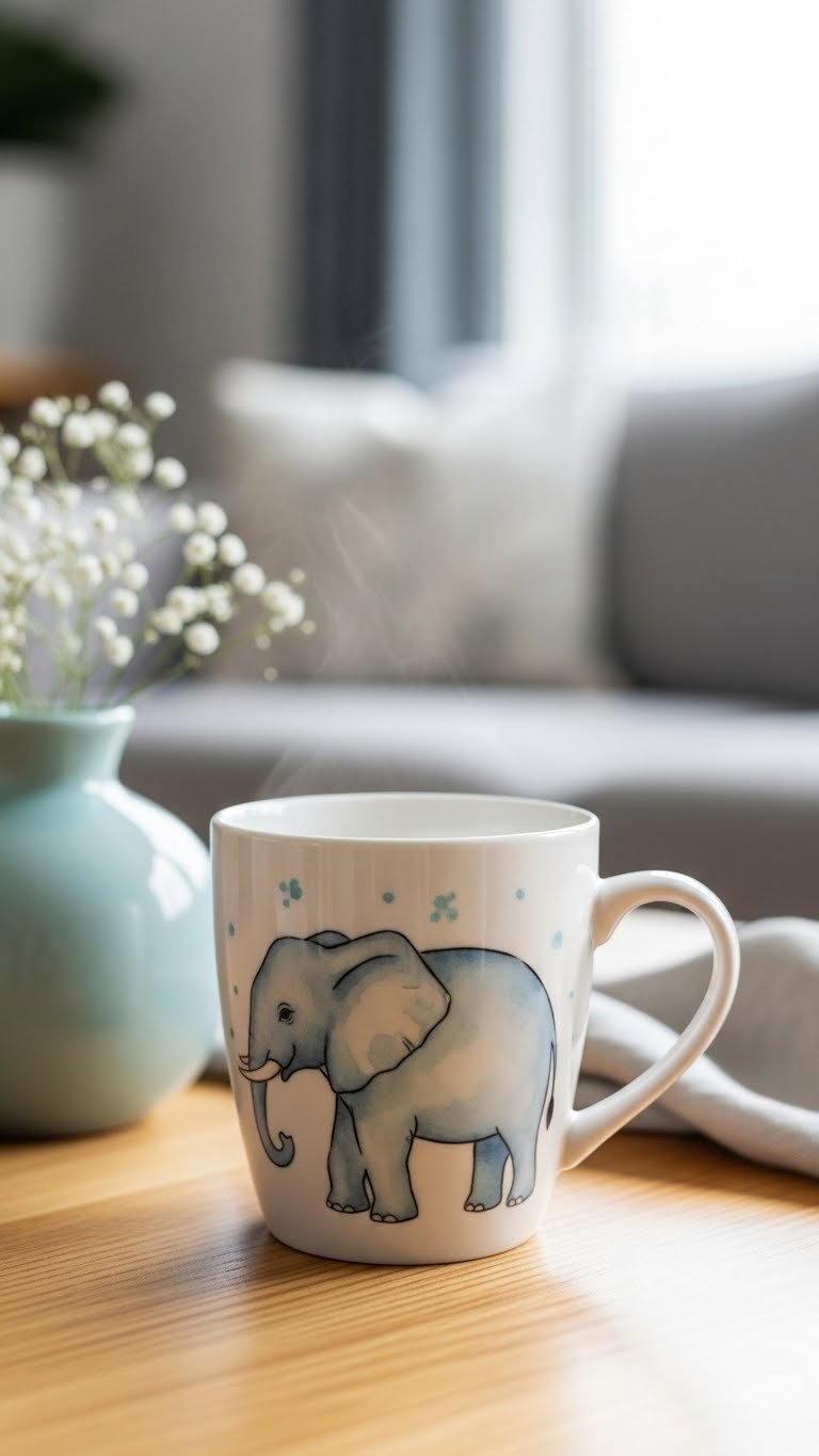 Watercolor elephant ceramic mug with soft translucent design on natural wooden table with flowers