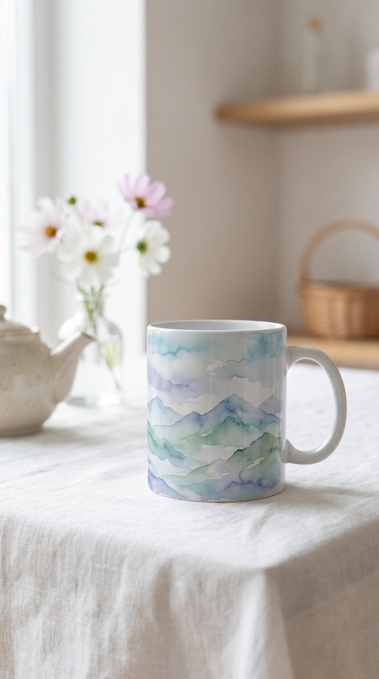 Watercolor mountain landscape mug with pastel colors on white linen tablecloth with floral arrangement