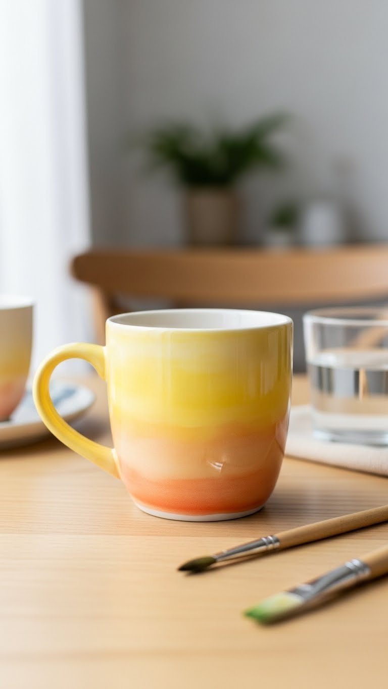 Watercolor-style yellow ceramic mug with gradient blends on wooden table with paint brushes and soft lighting