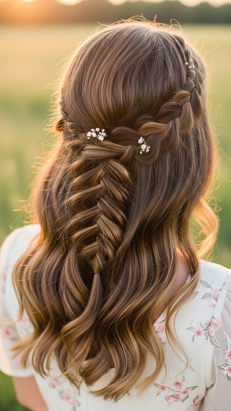Waterfall braid cascading across head blending into loose waves in sunset meadow setting