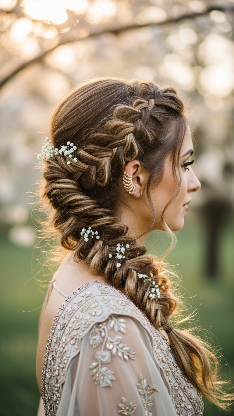 Waterfall braid flowing into loose waves creating dreamy romantic lehenga wedding hairstyle