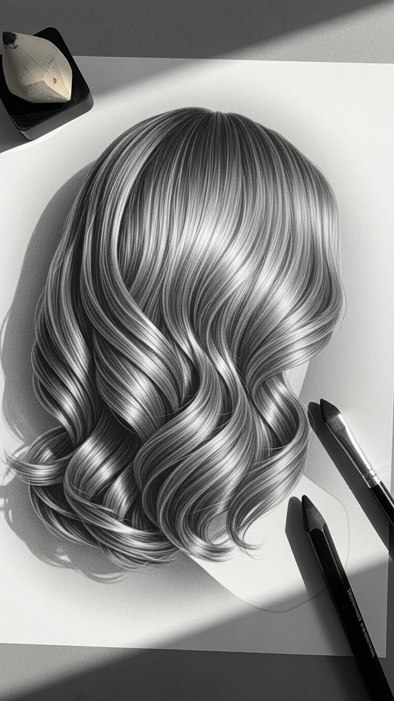 Wavy hairstyle drawing demonstrating dramatic lighting with clear highlights and shadows for volume and texture