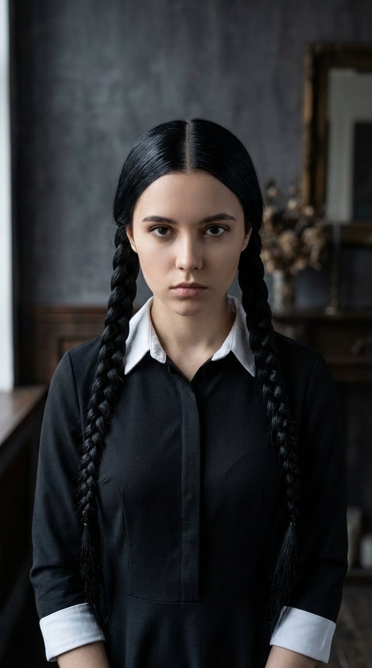 Wednesday Addams pigtail braids with severe middle part against gothic-inspired background