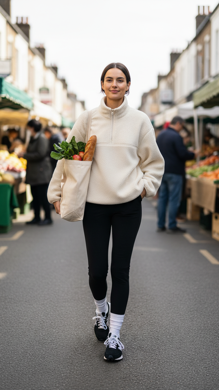 Weekend outfit with cream fleece pullover, black leggings and black-white New Balance 327 sneakers at farmer's market