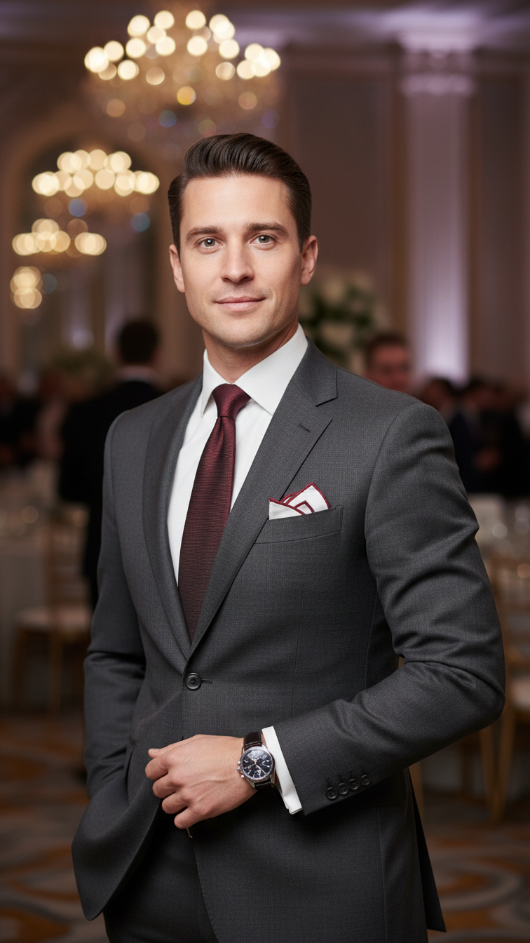 Well-dressed man in charcoal gray suit with burgundy tie and silver watch at formal event.