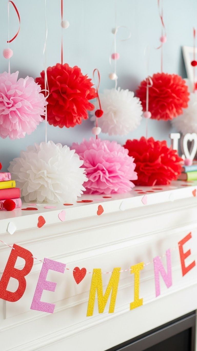 Whimsical Valentine mantle with colorful paper banners spelling LOVE and tissue pom-poms on white mantel.